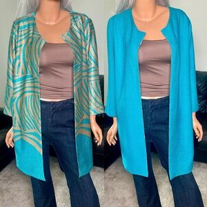 Chicos Travelers Sz 3P Teal Gold Abstract Stripe Open Front Jacket Art To Wear